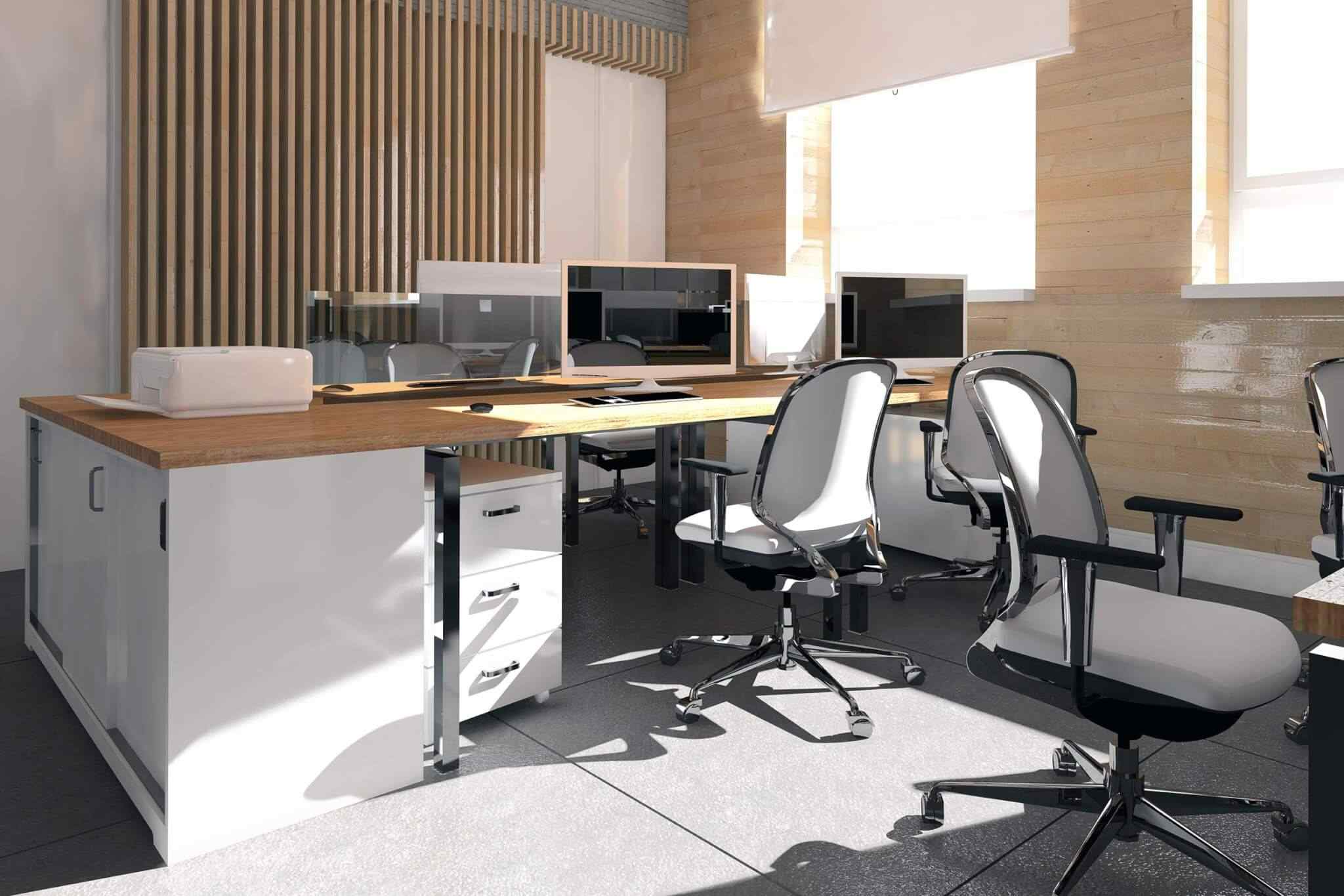 A computer desk with two monitors and a chair.