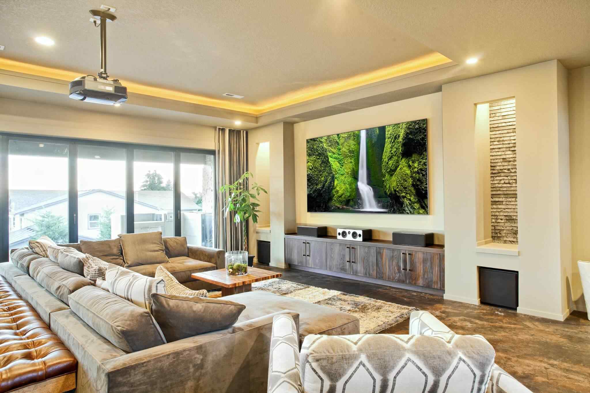 A living room with couches and a television.