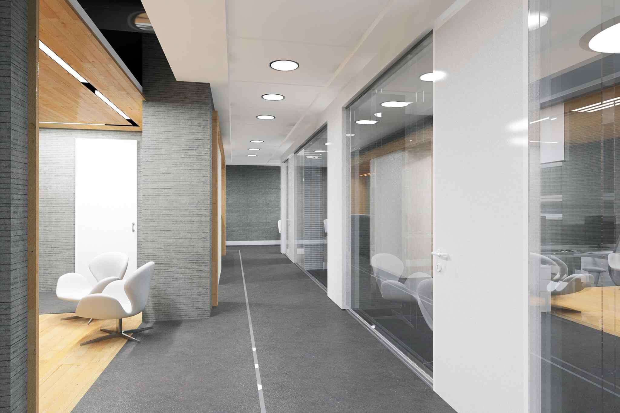A hallway with glass walls and white floors.